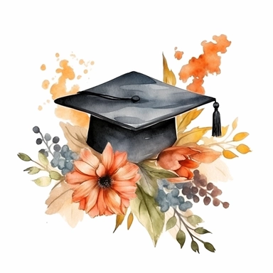 wreath with flowers and graduation cap, clipart, watercolor style