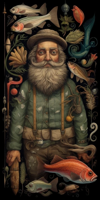handcarved wood clipart of hipster fisherman