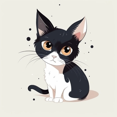 cute and beautiful cat with white face with few spots in black close to the ears and left side of nose and black tail vector art, clipart, illustration, kids book style, different angles, character sheet, white background, ar 3:2, q 2