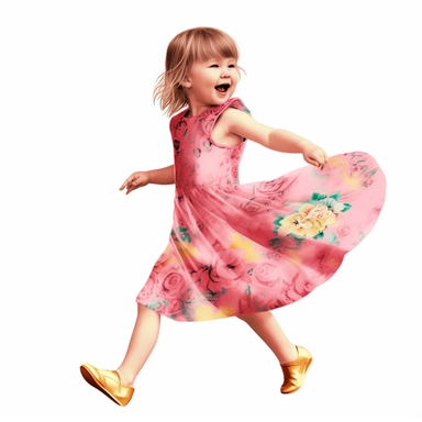 Singer Taylor Swift as a 2 year old toddler, wearing a pink shimmering velvet dress with yellow floral print, dancing, yellow shoes, irradiant facial expression, plain white background, clipart