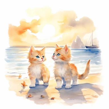 cute and lovely smilingAs the sun begins to set, the cats take a leisurely stroll along the water's edge. They marvel at the vibrant hues painting the sky, casting a golden glow on the beach. Content and relaxed, they savor the tranquil atmosphere before bidding farewell to their beach vacation. watercolor white background for clipart 8k ultra detail high sharpness ultra detail a detailed realistic painting