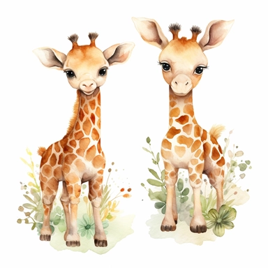 <992789387> baby giraffe's full body clipart graphics, baby jungle animals, beatrix potter style, realistic watercolor baby giraffe clipart, dreamy, no background, space between each