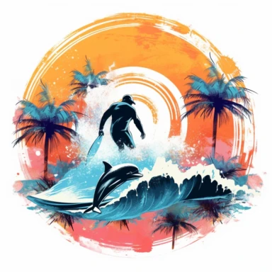Miami beach Watercolor Ocean Man Surfing Big Wave With Dolphins Retro Sunset Clipart Colorful and white Background