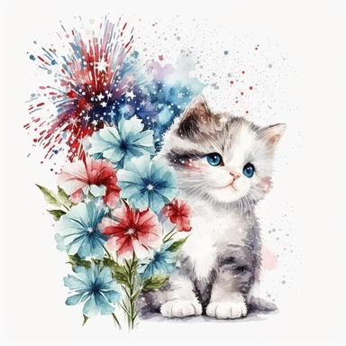 watercolor 4th of july cute kitten fireworks flowers clipart, white background
