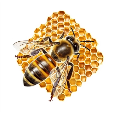 single honey bee on honey hive, top view, vector clipart, saturated colors, isolated on white background, uhd, sharp detail