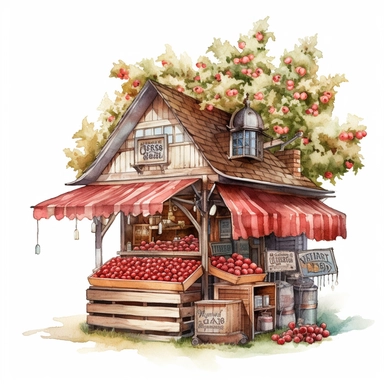 create a gorgeous high detail high quality watercolor clipart illustration of an old fashion fruit stand style store next to a large beautiful cherry tree, white background, no font, no text, NO WATERMARK