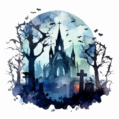 isolated clipart showcasing a spooky gothic haunted graveyard, graveyard appearing as if it were taken from a fairy tale, adorned with ornate tombstones, turrets, and ivy-covered walls, their silhouettes casting elongated shadows on the mist-covered ground below, the forest enveloped in an otherworldly glow, watercolor painting, ethereal washes of color capturing the magical atmosphere,