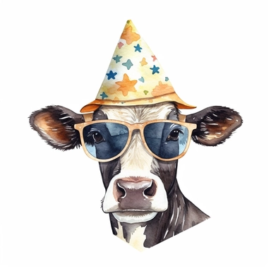 watercolor cow clip art, sunglasses, birthday cone hat, in the style of whimsical storytelling, storybook illustration minimal, graphic illustration, matte colors, 2d flat, vector, transparent background