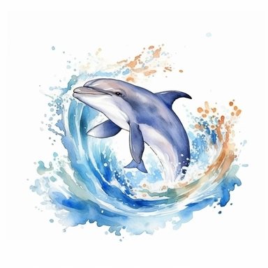 Watercolor hand-drawn dolphin illustration - jumping up from the foamy ocean wave, playful, happy mammal. Character, logo, children wallpaper, doodle, cartoon. Marine clip art. Ocean, sea inhabitant. White Background