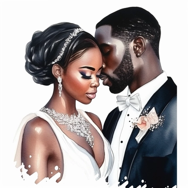 Black skin bride in a white wedding dress with diamonds and with beautiful jewelry, rich and glamour, long beautiful hair, beautiful lips and long eyelashes glamour and the groom in a tuxedo smile watercolor clipart