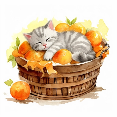 Watercolor american shorthair colored kitten peacfully sleeping in a laundry basket clipart, american shorthair breed, surrounded by oranges and orange leaf and branches, couple of oranges, high detail oranges, high quality drawing, high quality, body visible, summer colors, hairs are visible, variety of kitten type, summer day theme, valentines day theme, full body kitten, crawling in basket, peacefull fealing, childlike innocence and charm, peacefully sleeping cat, shy kitten, Oh my god its so