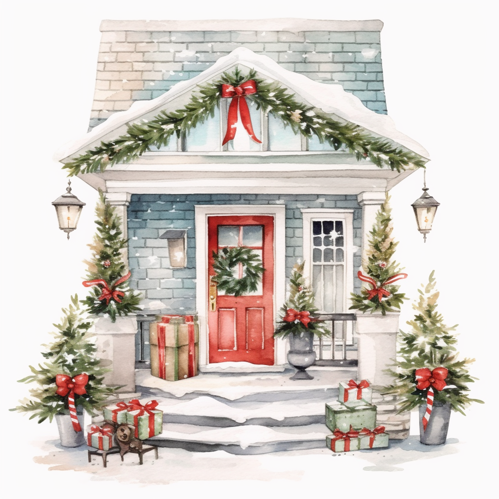 vector watercolor cute Christmas porch clipart on white background ...