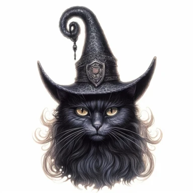 gothic style, witch's black cat with a witch's hat, hyper-realistic painting, magical, fantasy, wicked, mystical, intricate details, clipart, white background