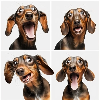 collection of funny diverse dachshund on a white background, cute, tongue out, clipart, photorealism