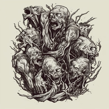 Close-up of a Cluster of body ghoul zombie lacerated limbs in a death metal t - shirt design monochromatic clipart