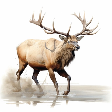 watercolor for a clipart with a white background of an elk running, hyperrealism, painted by Bo Bartlett