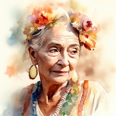 Romantic realistic watercolor of a beautiful older woman, celebrating Dia de Los Muertes, wearing boho jewelry and mexican traditional dress, spiritual, translucent, multi-layered, delicate, bright colors, golden hour, fashion photography, watercolor clipart - - no watermarks, no text