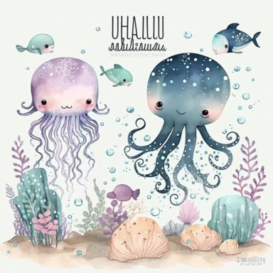 Undersea watercolor clipart, nursery decor, kawaii baby wall art, octopus, jellyfish, whale, cute ocean animals