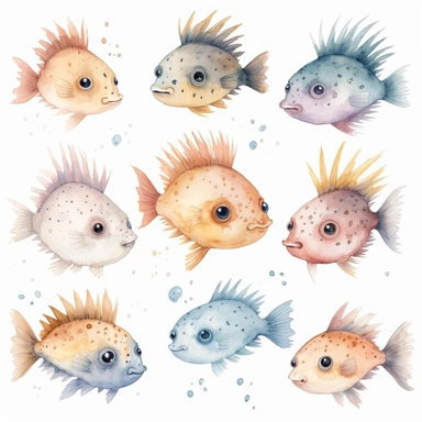 clipart collection of a hand drawn baby blow fish, children's book illustration pixar style inspired by Stefanie Dahle, boho-style, watercolor, pastel color, white plain background,