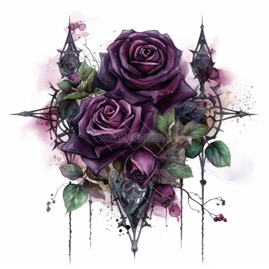 Idyllic watercolor and ink clipart of dark gothic dark moody dark moody burgundy, black and purple rose flowers with poison thorns on an ornate gothic black dagger covered in gothic spider webs, isolated on a white background, dark moody colors, highly detailed, ultra-realistic