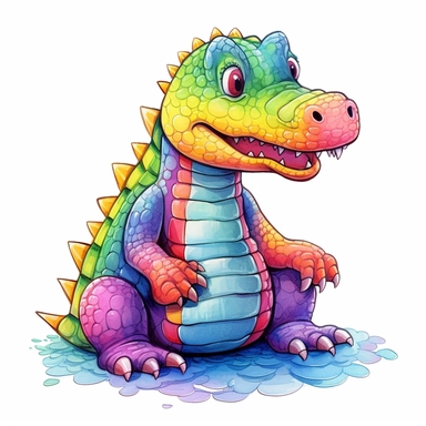 cute cartoon rainbow alligator, illustration clipart, detailed, black outline, white background, digital art, watercolor