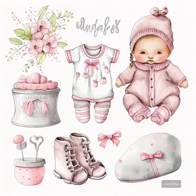 Cute baby girl baby clipart set of watercolor, socks, cap, romper, bib