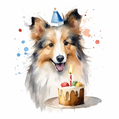 watercolor, clip art, a Shetland Sheepdog wearing a party hat and eating cake, birthday, happy face, isolated on a white background
