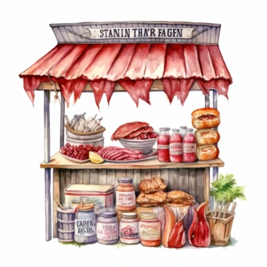 hand drawn ROADSIDE STAND WITH STRAWBERRY JAM AND COUNTRY HAM leg , very detailed and realistic , watercolor, white background with margins, clipart style