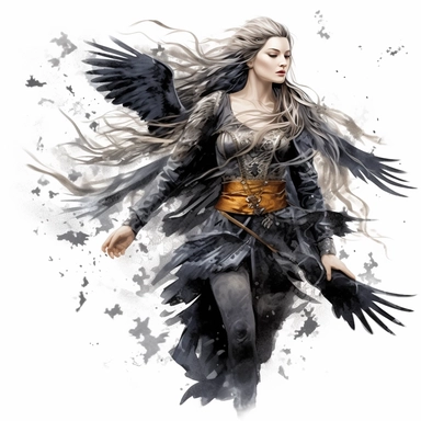Mhytologic style beautiful impressive silver long haired goddess woman wearing warrior dressed looking crow posited on her arm with watercolor effect,flying ravens,suitable for digital clipart,white background,many twinkles,celtic mhytology scene,warrior style,detailed features,hero style