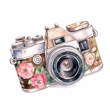 watercolor, hyper realistic, white background, white margins, 16k, ultra detailed clipart, cut out image, hand-drawn, whimsical manhwa style, ultra HD, sharp and clean art a vintage camera adorned with delicate floral , capturing the romantic and feminine aesthetics often associated with vintage fashion and travel. earthy brown pastel