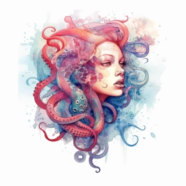 watercolor hyper detailed half woman half octopus clip art