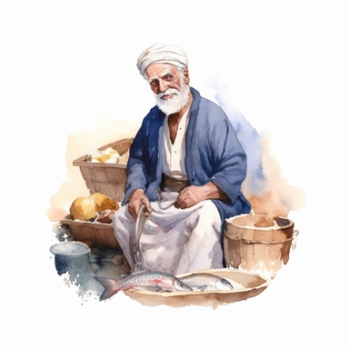 an happy old man selling fish in the market, ancient egipht, clipart, watercolor, no lettering, no image noise, white background