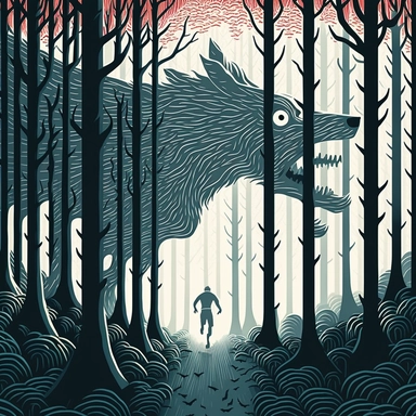 in the style of John Kenn Mortensen, trail runner with wolf head, through white birch forest, chased by monsters, ghosts, animals, spooky, colorful, white background, magical, fantasy, vector, clipart, elaborate, ultra-detailed, best quality, well composed, vibrant color tone, trending on artstation, elaborate, cinematic lighting, vibrant colors, high definition