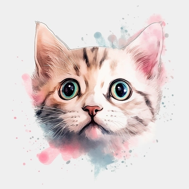 A clipart of a cute cat face with big round eyes and a pink nose, looking up with curiosity, watercolor style, realistic, bright colors, 300 dpi, 8k, white and clear background