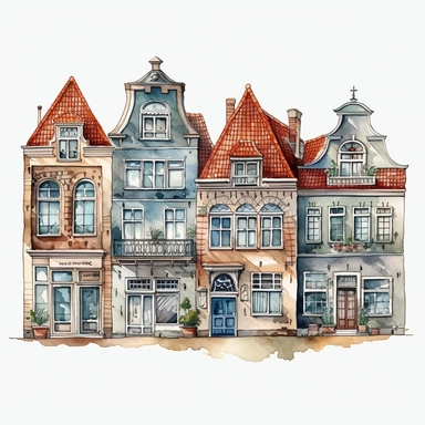 Dutch houses, clipart, watercolor, illustration