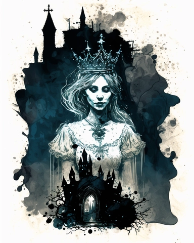 An eerie gothic princess clipart in a decrepit castle, lit by flickering candlelight, with a ghostly mist that surrounds her, featuring her intricate and ornate dress and crown, as well as her emotionless expression, Pen and ink drawing, created with a nib pen on parchment paper, white background, spaced out, HD, fantasy, storybook, fairytale