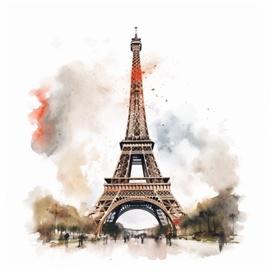 Eiffel Tower - Paris, France, clip art, aquarelle, white background, clean, neat