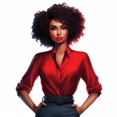 a cartoon boss lady woman with beautiful curly afro hair and a red shirt, black skirt, in the style of afro-american influence, realistic color palette, studio portrait, bold curves,, crisp and clean look, clipart style,,pixar style--ar 3