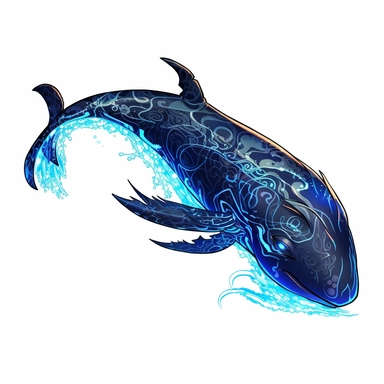 a glowing tribal blue whale with blue lights on his eyes, tribal animals, in the style of manhwa character design, master of shadows, burned/charred, himalayan art, dark black and light azure, clipart, on white blackground