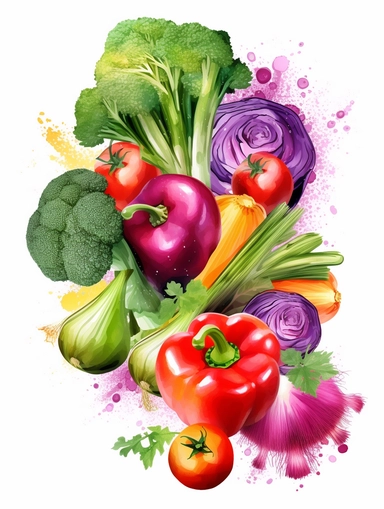 vibrant vegetable bouquet with broccoli, carrots,tomatoes, onions, watercolor hand-painted, lots of color with really soft blends and bleeding from one color to the next with a transparent finish, clipart on white background