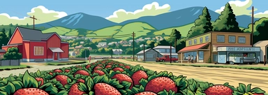 Tourism Illustration', creates an image that showcases a lively, bustling strawberry market in Watsonville, California. This image should have baskets brimming with freshly picked strawberries. Beyond the market, illustrate the scenic beauty of Pajaro Valley with its lush green fields under a clear blue sky. The image should have a hint of nostalgia, capturing the charm of small-town America. The color palette should be bright and dominated by reds for the strawberries, greens for the fields, an
