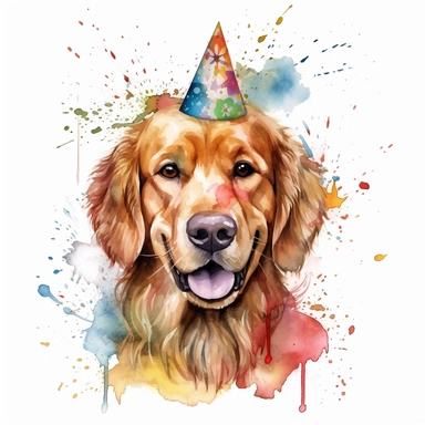 watercolor of a birthday golden retriever isolated on a white background, detailed ,realistic ,rtx on,textural richness,colorful imagery,digital illustration, clipart,