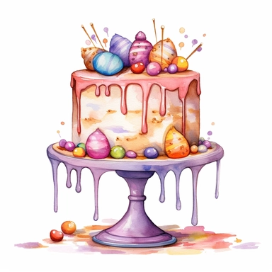 whimsical watercolour clip art against a white background easter themed cake on a cake stand