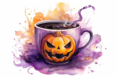 halloween coffee mug, purple, black green, orange, watercolor clipart