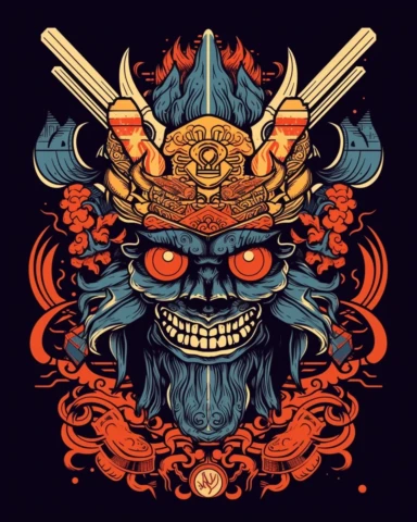 harmonic colors high contrast symbol of samurai mask ornate illustration by Hydro74, tshirt print vector,clipart style