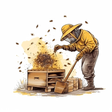 A dynamic illustration of a beekeeper working with a smoker, releasing puffs of smoke around the beehive to calm the bees, with a hive tool and gloves visible nearby. (Digital drawing clipart, image black border color, full body, flat texture, transparent background)