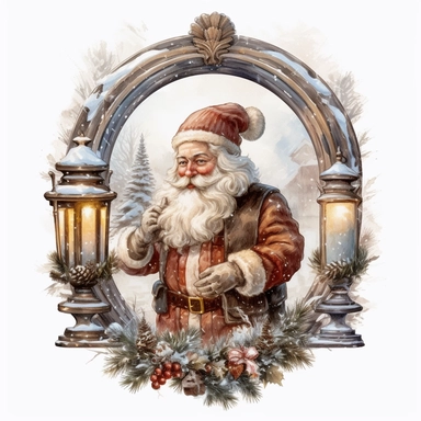 vintage design, oil paining santa claus with gifts, isolated on transparent background, Clipart Collection in beautiful winter landscape, advent wreath around, christmas theme, detailed, isolated, white background, one pattern