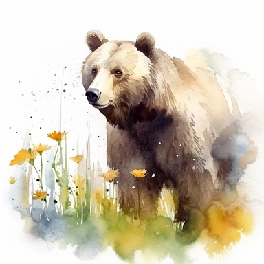 detailed watercolor clipart, photography style, beautiful bear, in a meadow, HDR, spring floral,self shadow, white background