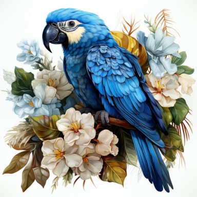 hyperrealistic ultra detailed watercolor clipart, blue parrot with jungle flowers, white background, in the style of digital print, clipart, illustration, sticker, ultra high definition, rich details, 32K, HD