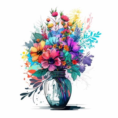Vase of Flowers Clipart, watercolor, Festive, Neon, Street Art, Contour, Vector, White Background, Detailed